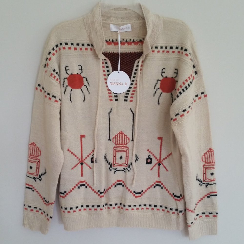 SHOP WANNA B HALLOWEEN FALL SWEATER SIZE M CREAM, BLACK & ORANGE WITH SPIDER